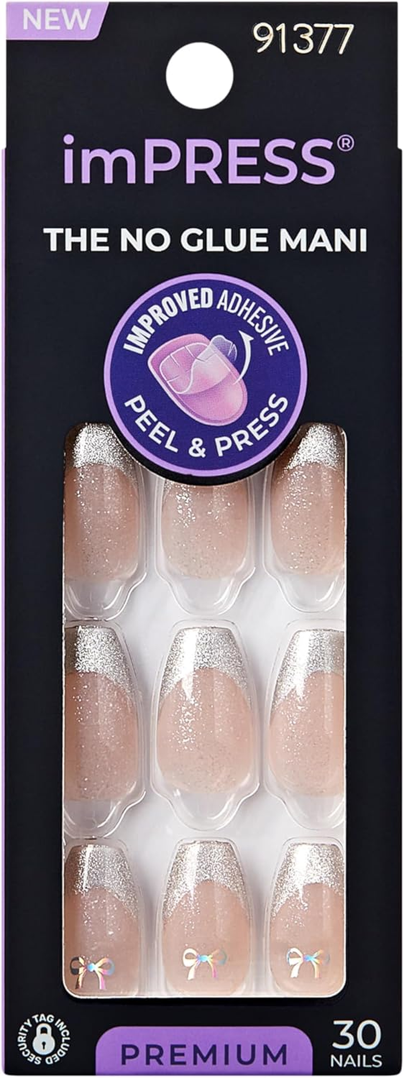 KISS Impress No Glue Mani Press on Nails, Premium, 'Memory Lane', Silver, Medium Size, Coffin Shape, Includes 30 Nails, Prep Pad, Instructions Sheet, 1 Manicure Stick, 1 Mini File image number 1
