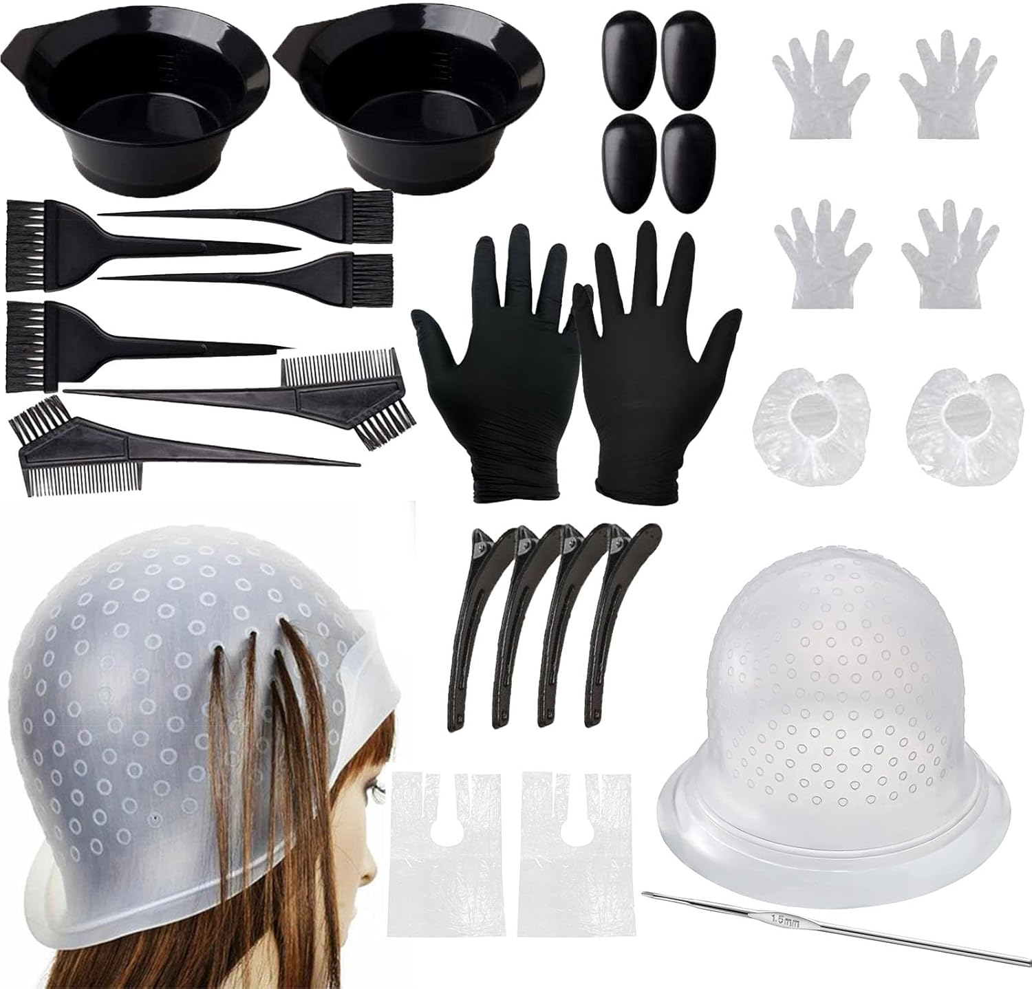 Hair Colouring Set, Silicone Hair Dye Caps, 25 Pieces DIY Beauty Salon Tool Kit, Highlight Hood with Holes, Brush Comb, Hair Dye Bowl, Colouring Brush, Ear Cover, Gloves, Hair Hooks, Hair Clips Kiuiom image number 2