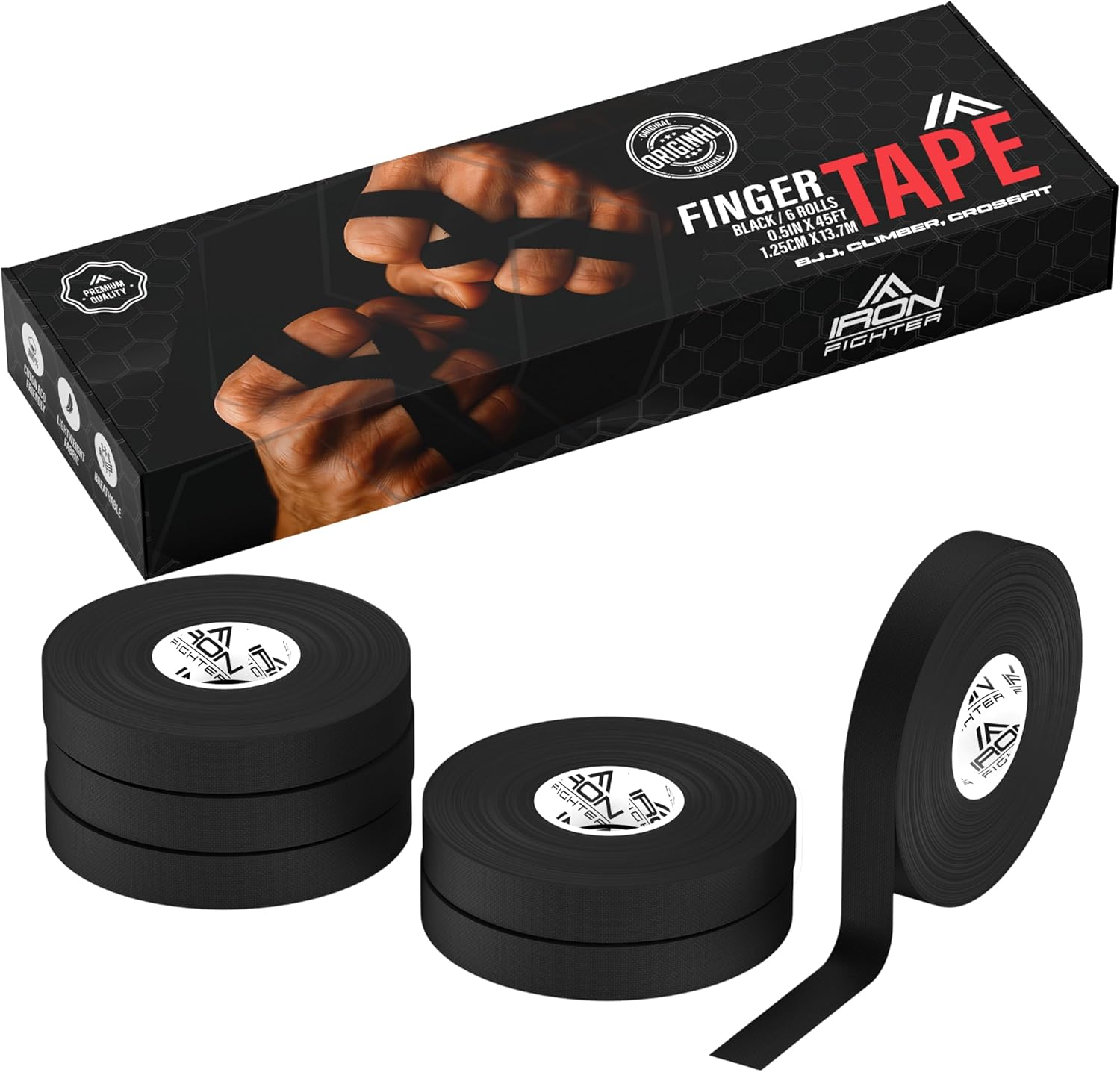 6X Rolls of Athletic Finger Tape Sports 1,25CM/0.5IN X 13,7M/45FT - BJJ Brazilian Jiu Jitsu - Rock Tape for Climbing - Crossfit - Judo - Volleyball - Black Sports Tapes Strapping image number 5