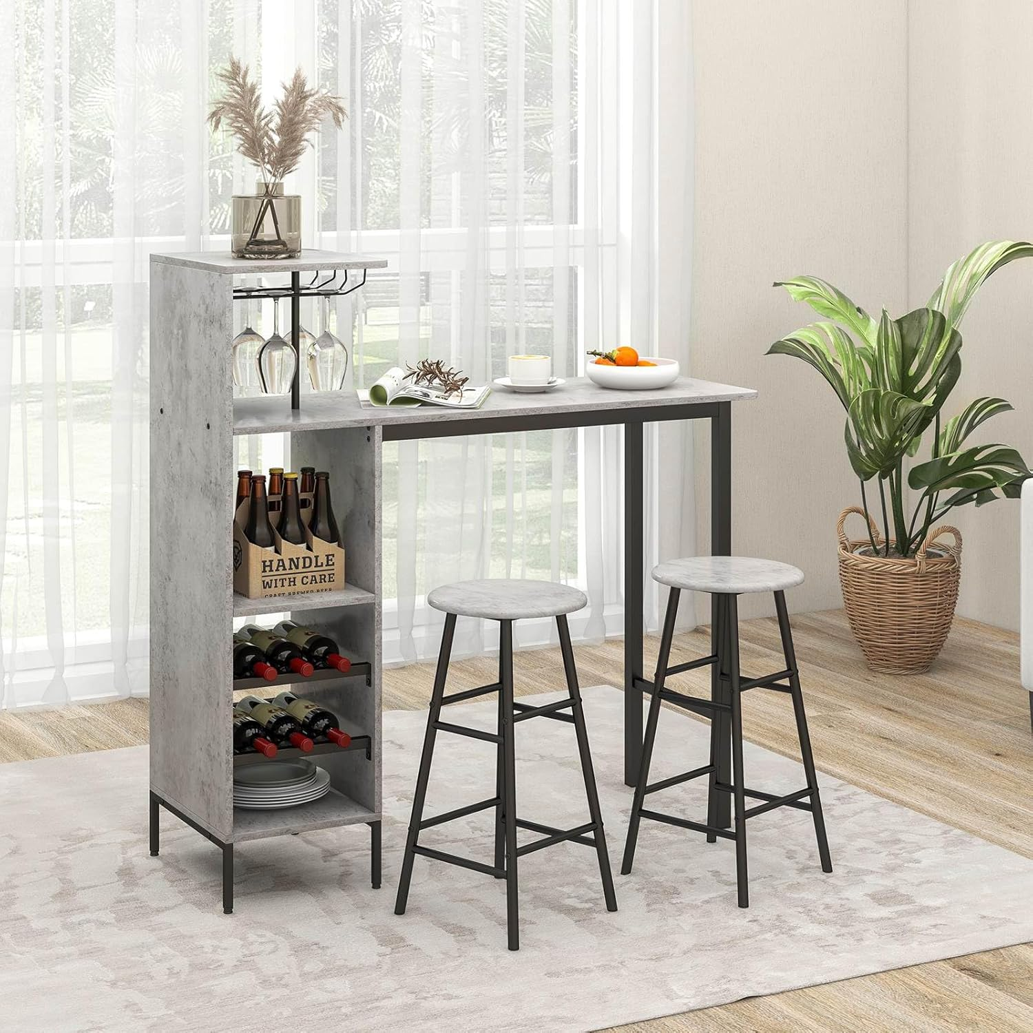 Giantex 3PCS Bar Table and Chair Set, Industrial Pub Table and Stools with Wine Glass Holders & 6-Bottle Wine Racks, Counter Height Dining Table Set for Living Room Dining Room Kitchen, Grey - Brown image number 2