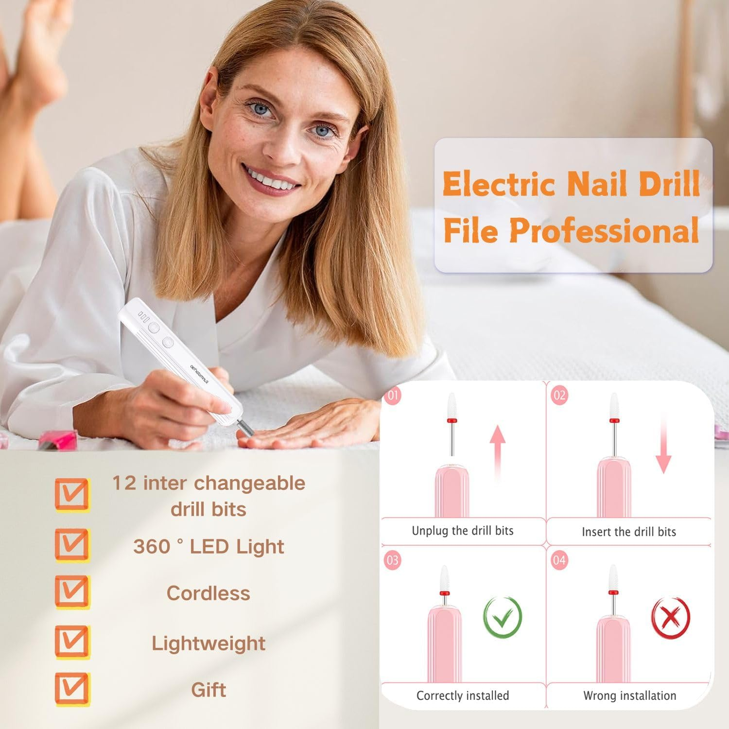 Xunmotoryao Electric Nail Cutter Professional Electric Nail File for Gel Nails USB Rechargeable 20000 Rpm Manicure Pedicure Set Pink image number 1