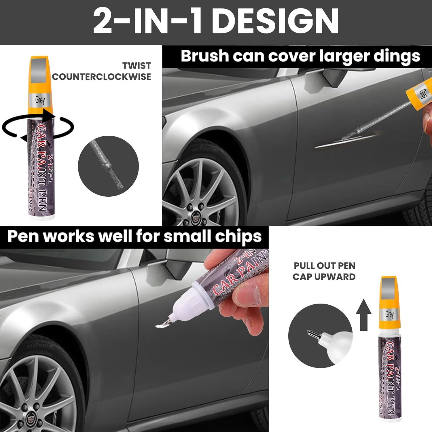 Touch up Paint for Cars, Color Accurate Car Paint Scratch Repair, Lasting Automotive Scratch Remover Pen, 2-In-1 Professional Auto Scratch Repair for Deep and Shallow Scratches, Quick and Easy (Grey)