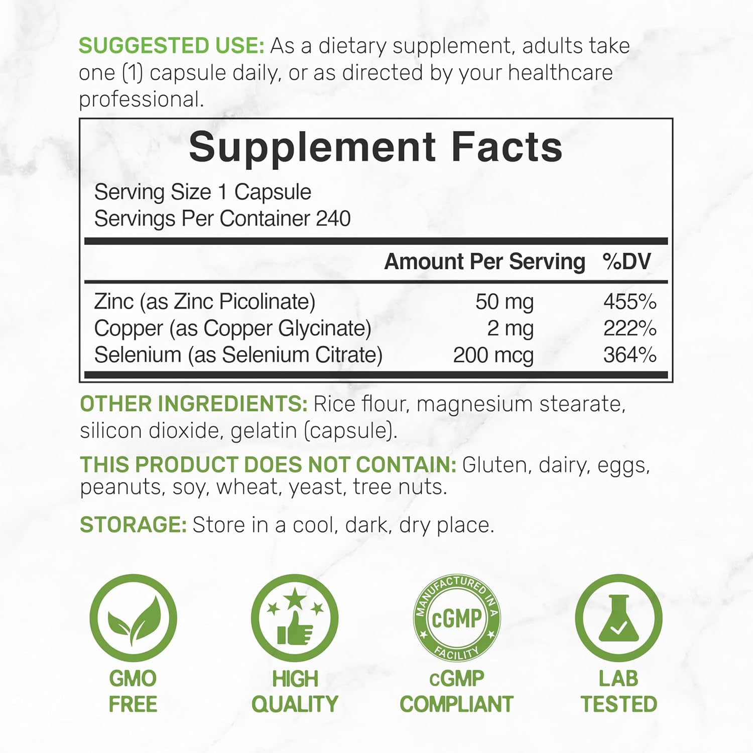 Deal Supplement Zinc 50Mg with Selenium + Copper, 240 Capsules, 8 Month Supply, 3 in 1 Mineral Formula, Zinc Picolinate Complex Supplement, Supports Healthy Immune System for Adults and Kids image number 1