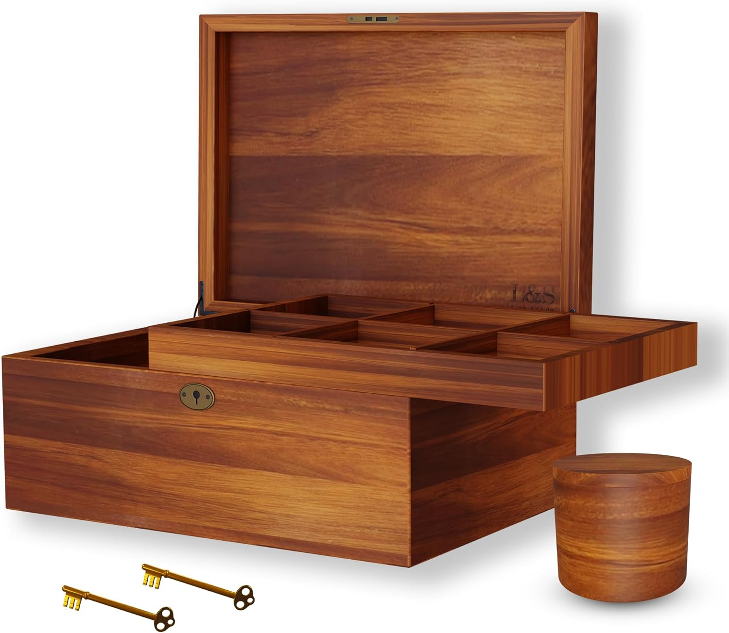 LUSH & STYLE Acacia Wood Box, Keepsake with Hinged Lid and Locking Key, Decorative, Memory Treasure, Wooden Storage Box, Wooden Gift Box (Divider Model) image number 2