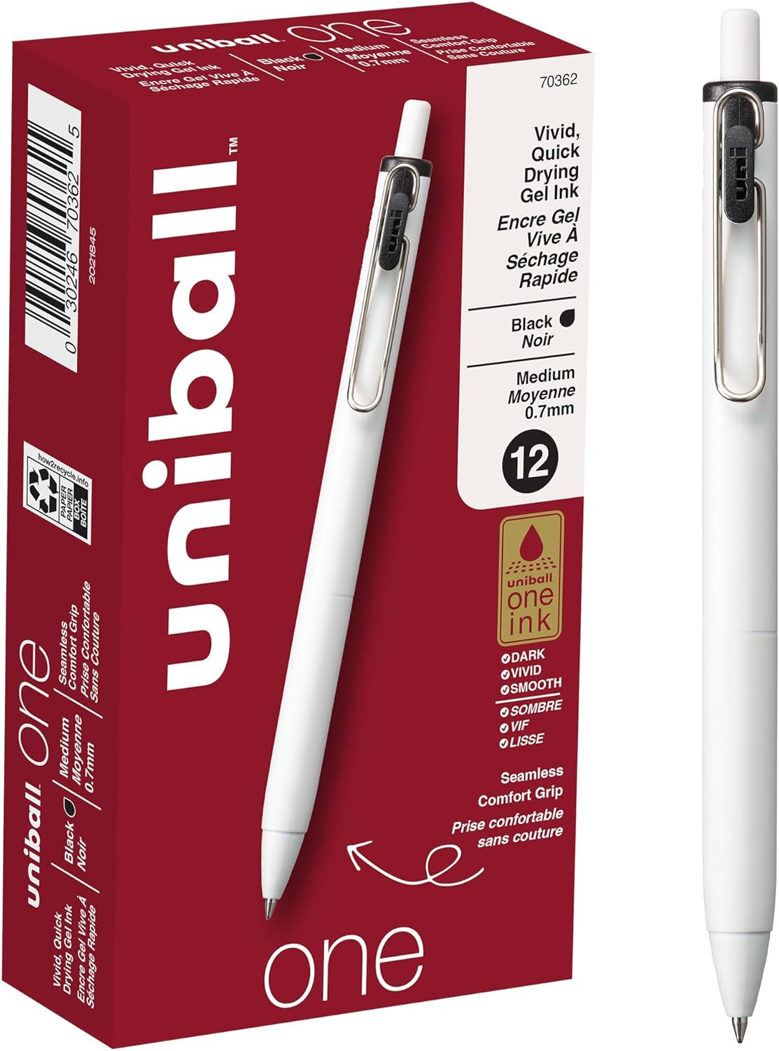 Uni-Ball Uniball One Gel Pen, 12 Black Pens, Medium Point 0.7Mm Gel Pens, Fine Point, Smooth Writing Pens, Home Office Supplies By, Colored Pens, Ink Pens for Journaling, Ballpoint Pens, Bulk Pens