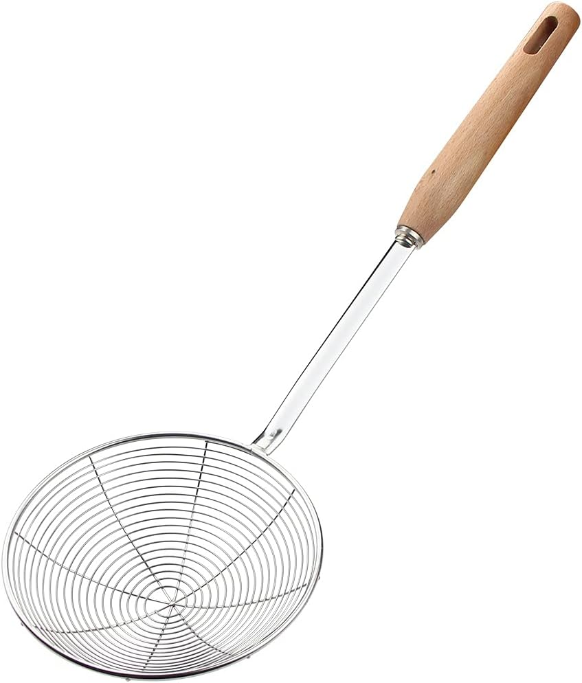 Spider Strainer, Skimmer Spoons, 6.3 Inch Spider Strainer Skimmer Ladle for Cooking and Frying, Cooking Utensils Frying Spoon with Wooden Handle, Wire Slotted Spoon for Kitchen