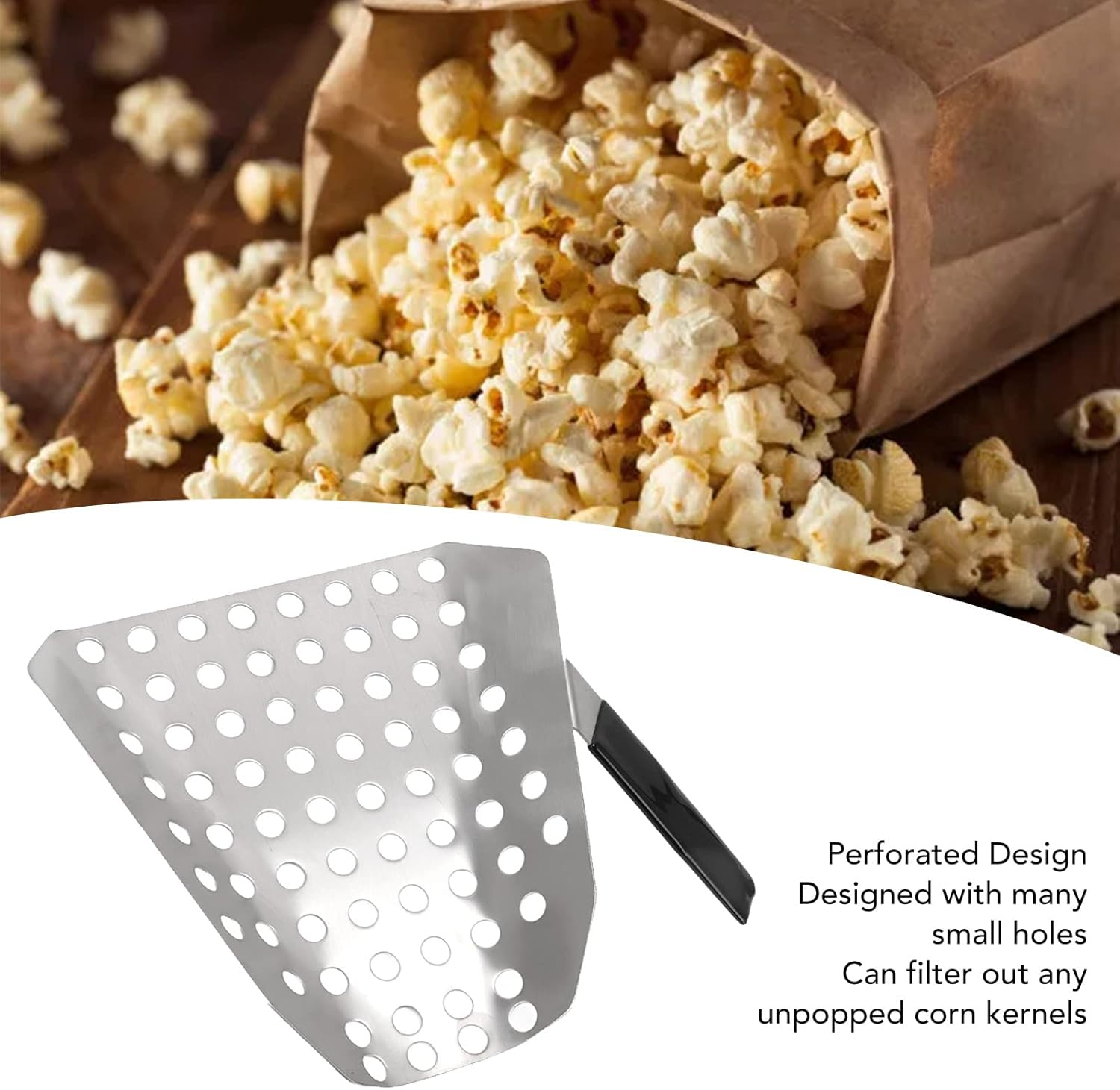 Popcorn Scoop, Stainless Steel French Fry Scooper Scoop with Holes, Quick Fill Tool for Bags & Boxes, Commercial Fry Bagger Scooper for French Fries, Snacks, Ice, Right Handle image number 2