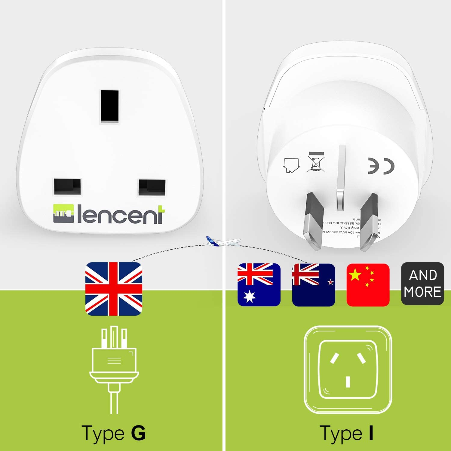 LENCENT 2X UK to Australia China Plug Adapter, Grounded Australian Travel Adapter for Australia New Zealand China Fiji Argentina and More (Type I) image number 3