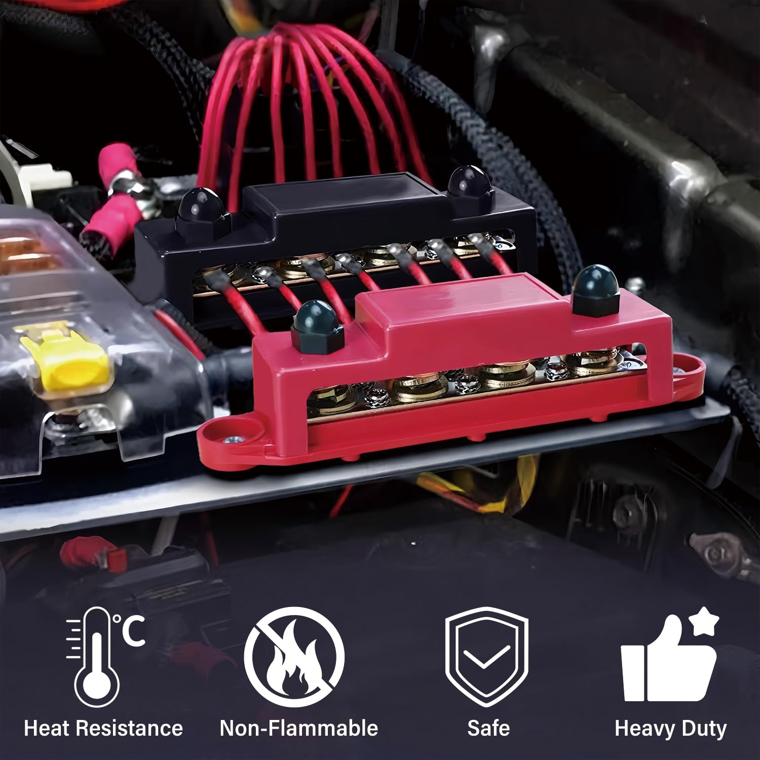 Bus Bar 250A 12V - 24V Power Distribution Block with 5/16" (M8) 4-Posts Terminals Block with Cover for Automotive, Marine, Battery System (Black & Red) image number 4