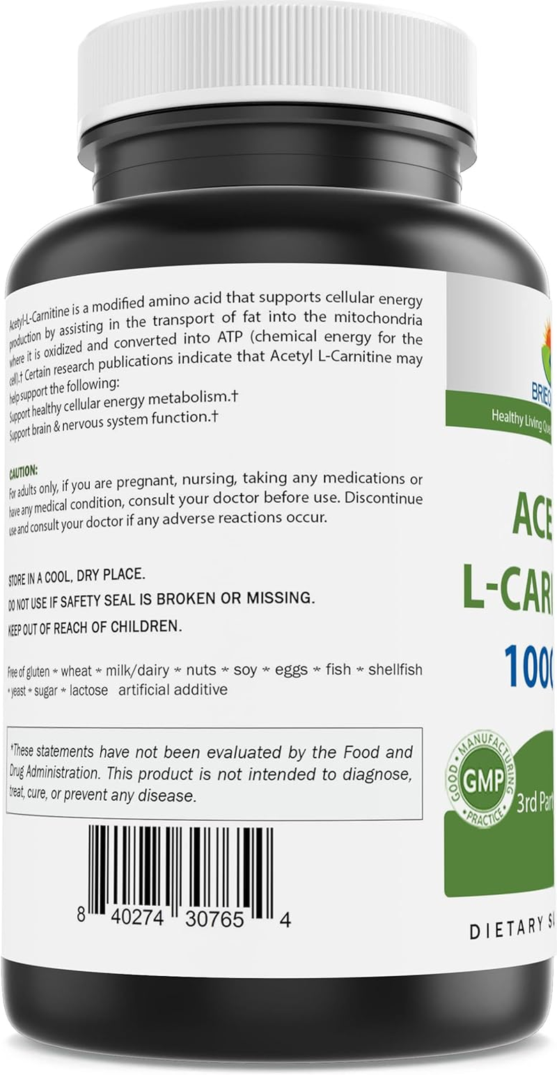 Brieofood Acetyl L-Carnitine 1000 Mg per Serving- 240 Capsules. Gluten-Free, Non-Gmo.