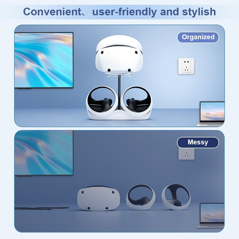 HONCAM Charging Station for PSVR 2, Multifunction PSVR2 Stand with 7 RGB Light, Headset Display Stand, Sense Controllers Charger Dock, Magnetic Connector, Type-C Cable, White image number 3