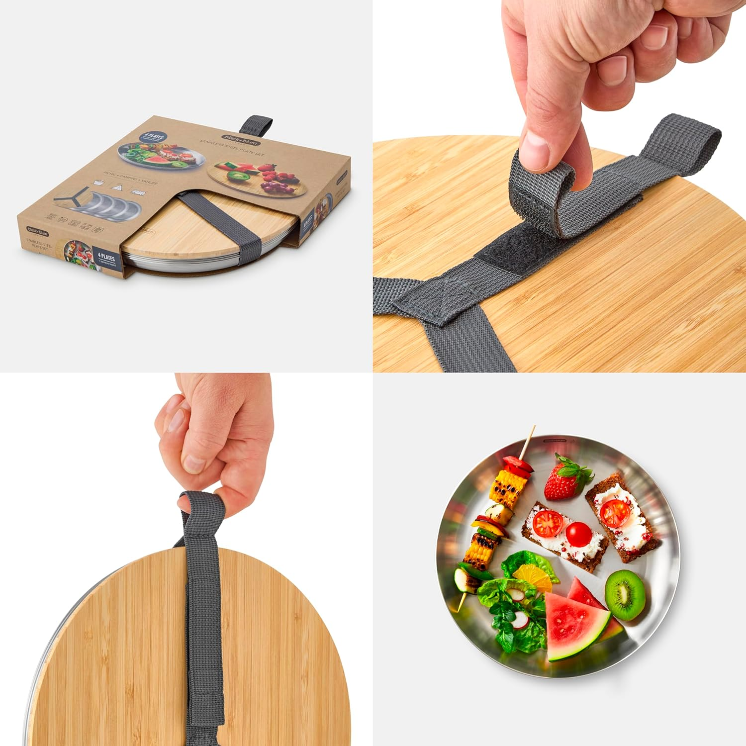 Black+Blum Picnic Plate Set of 4 - Stainless Steel Plates with a Bamboo Chopping Board Lid and Carry Strap