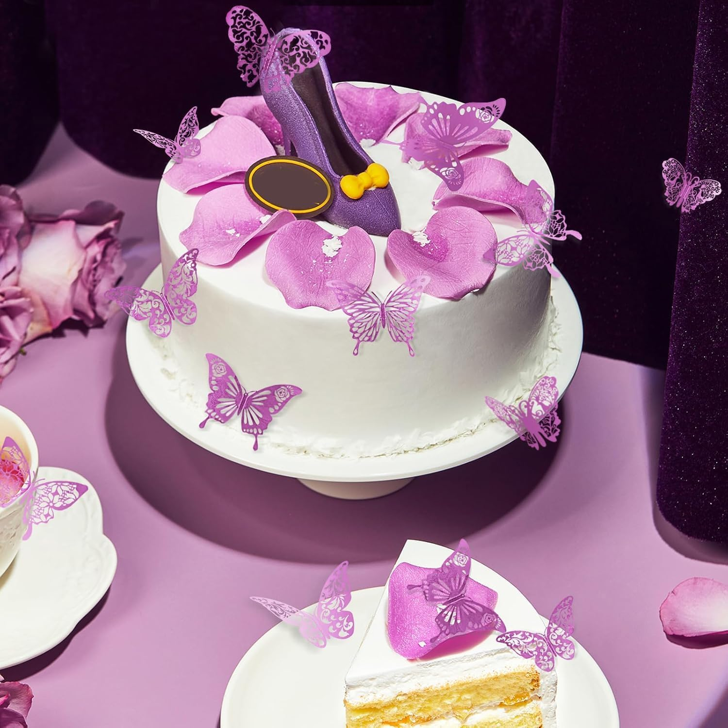 Quhoxdye 72 Pcs Gold Butterfly Decorations - 3 Sizes, 3 Styles, 3D Wall Decor for Parties, Birthdays & Crafts,Butterflies for Crafts, Bouquet, Cake Decorating, Flower Arrangements, (Purple) - Purple image number 5