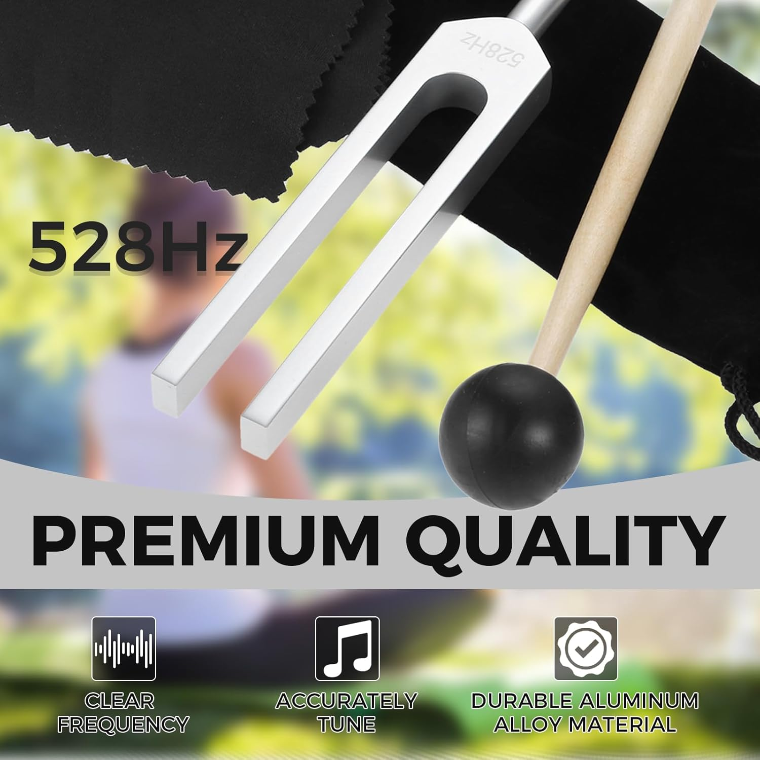 528 Hz Tuning Fork for DNA Repair Healing, Perfect Healing, Musical Instrument, Sound Therapy, Vibration, with Silicone Hammer, Bag and Cleaning Cloth image number 4