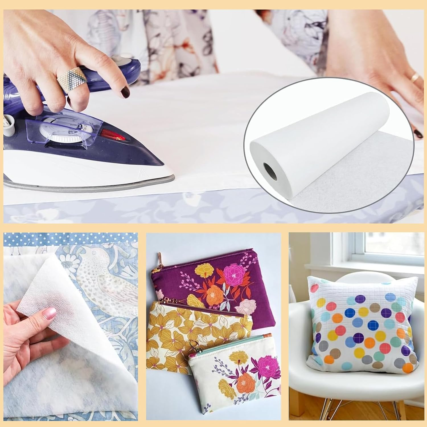 ZHIGOU Medium Weight Iron-On Non-Woven Fusible Interfacing 15.75 Inch X 30 Yard,Fusible Fleece,White Polyester Single-Sided Interfacing Fabric for Fsewing Supplies, Quilting,Diy,Bags,Home Decoration image number 2