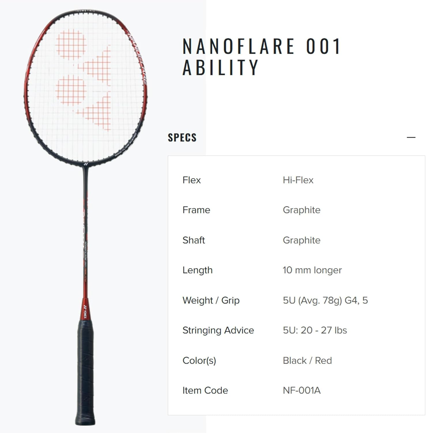 YONEX Nanoflare 001 Ability Badminton Racquet (Strung) - Graphite Frame Hi-Flex Slim Shaft Racket - Black/Red
