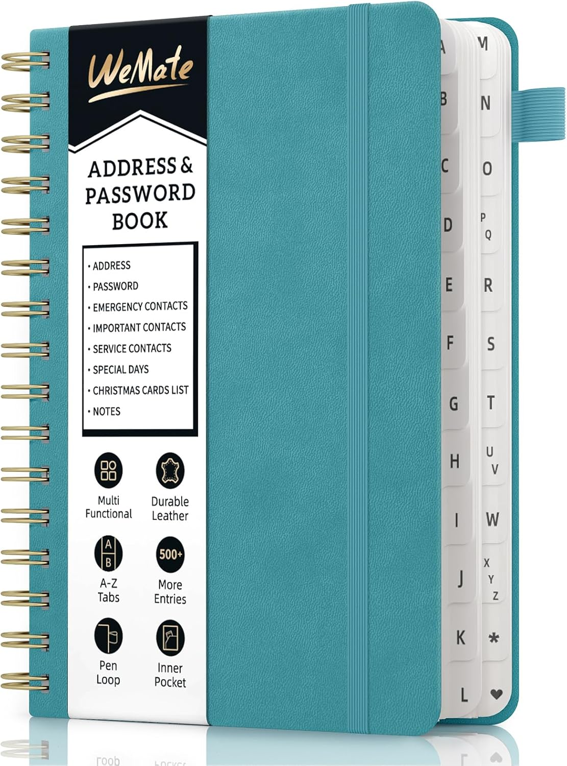 WEMATE Spiral Address Book with Alphabetical Tabs, Leather Password Book, Address Organizer Telephone Notebook Journal Keep Contact Safe Hardcover Large Print for Seniors Home Office 5.8&Prime;&times;8.2&Prime;, Black