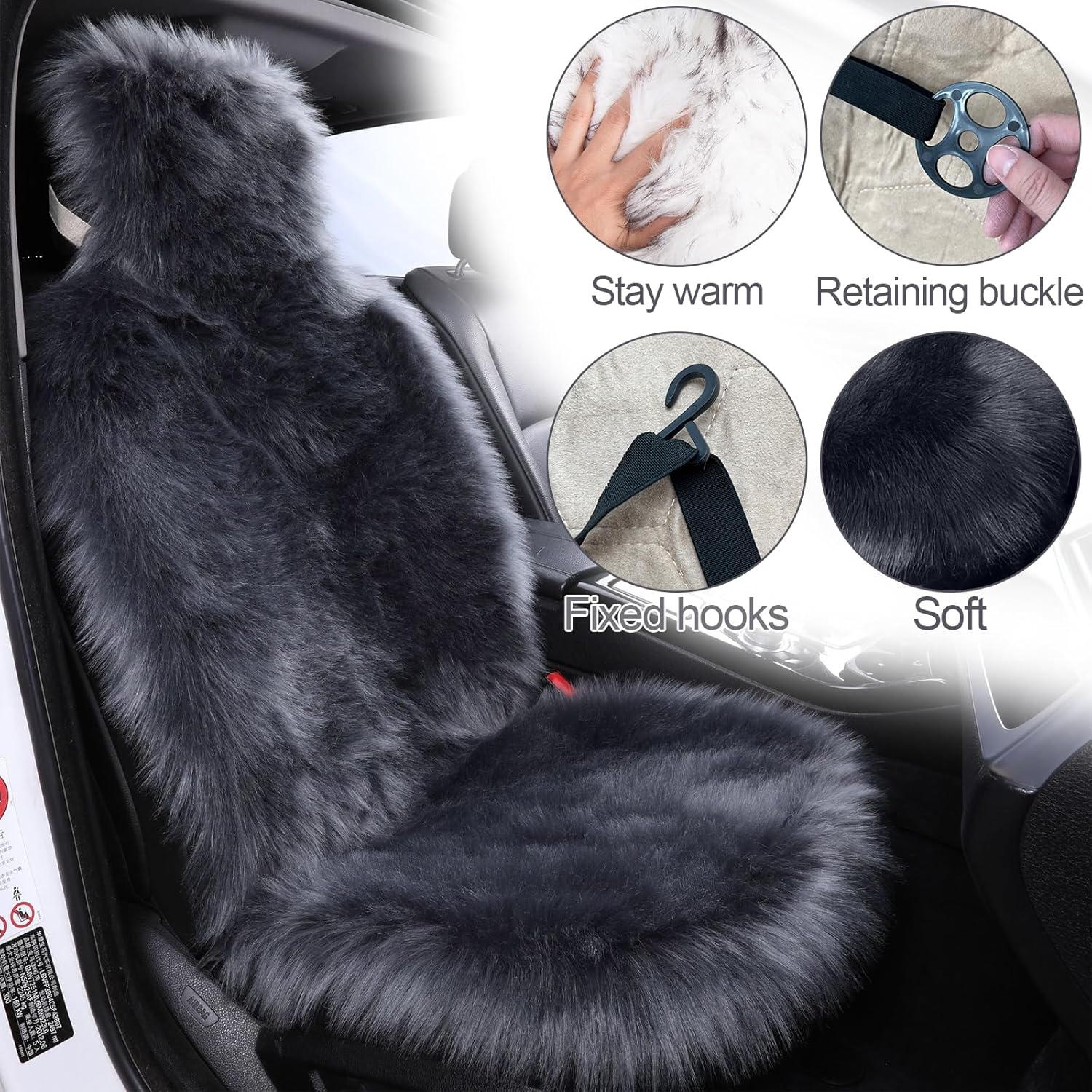 Universal Sheepskin Car Seat Covers, 3Pcs Full Sets, Anti-Slip Long Fluffy Auto Front Seat Covers, Luxury Fur Rear Bench Car Seat Cover, Car Seat Pads Winter Warm Accessories image number 2