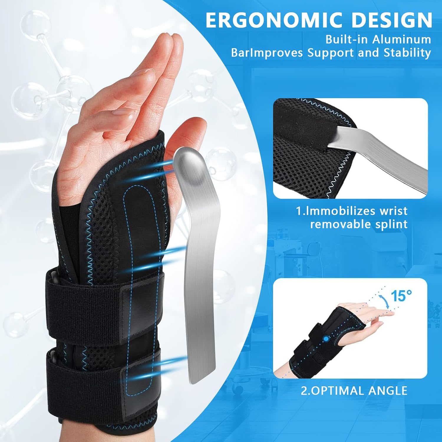 Wrist Splint for Carpal-Tunnel, Carpal Tunnel Relief Wrist Brace with 3 Metal Stabilizers, Adjustable Wrist Support Wrap for Arthritis, Tendonitis, Sprains, Working (Left-M, M) image number 5