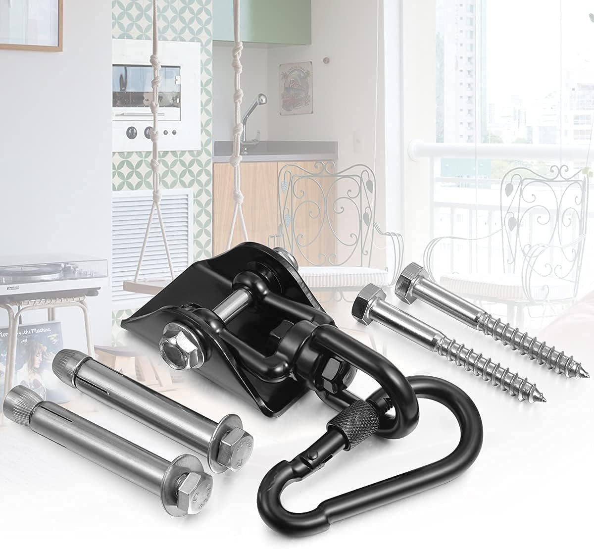 Hammock Hanging Kit,360&deg;Rotating 1200 Lb Capacity Heavy Duty,Hanger & Swing Hook Snap for Concrete Wood,Hammock,Veranda Seat,Chair,Swing Sets,Yoga and Gym（Without Chain ） - Black+Chain image number 5