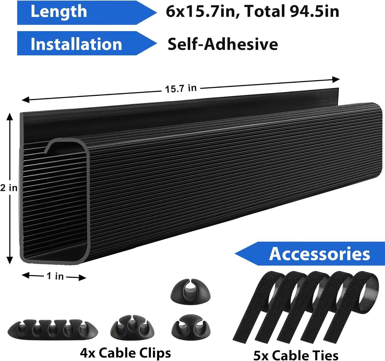 Zhiyo Cable Management under Desk 6X15.7In, 94.5In Cord Organizer, Self-Adhesive, Black J Channel image number 4