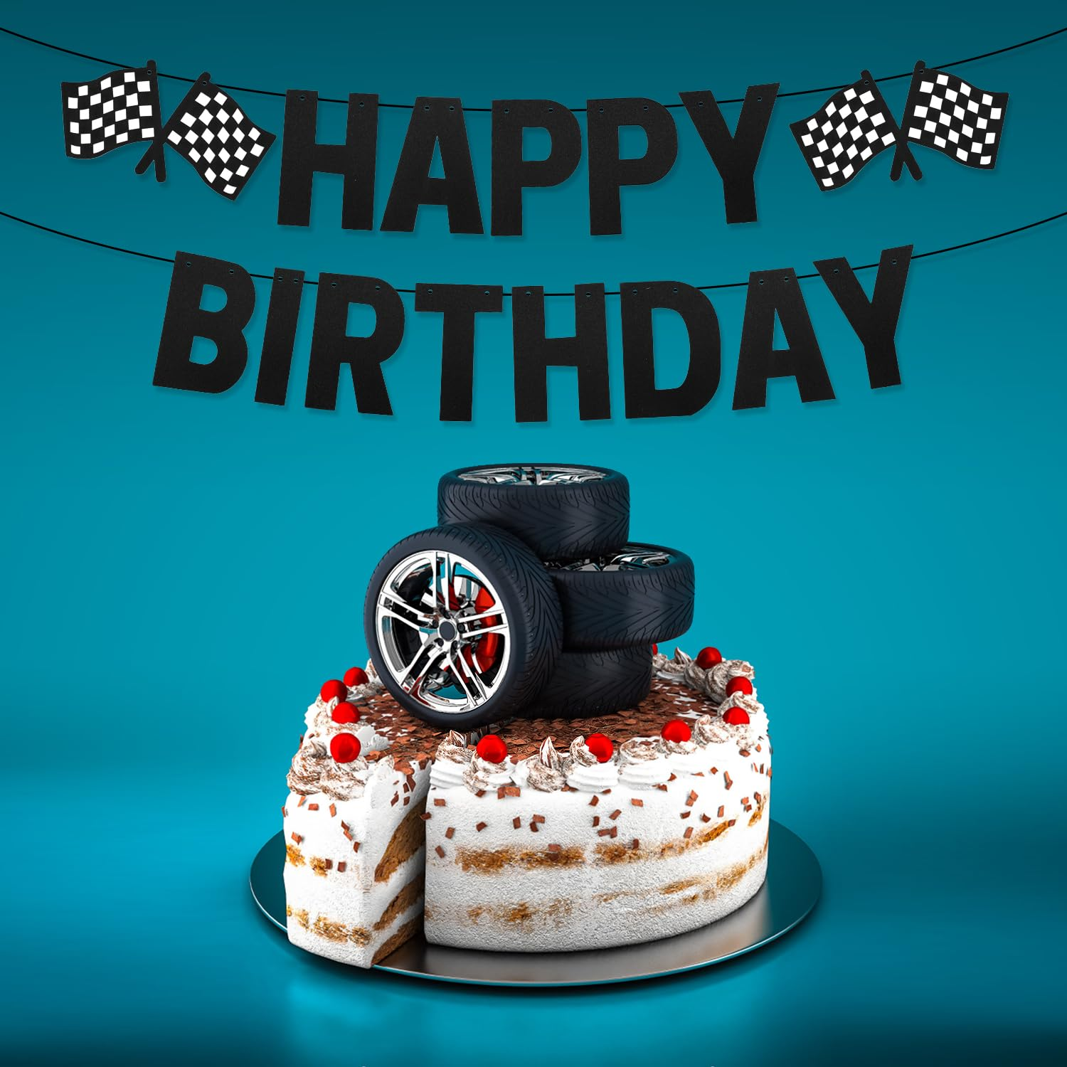 Race Car Happy Birthday Banner, Checkered Flag Banner Black Racing Birthday Banner Cars Birthday Decorations for Themed Birthday Party Supplies