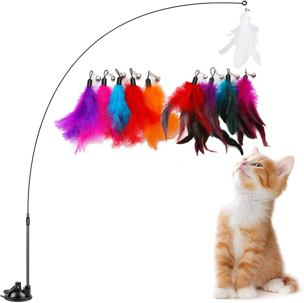 Idopick 10 Pcs Cat Toys for Indoor Cats,Interactive Suction Cup Cat Toys for Bored Indoor Adult Cats Teaser Cat Toys, 1 Flexible Steel Wire and 10 Pcs Replacement Feather Refills with Bell image number 3