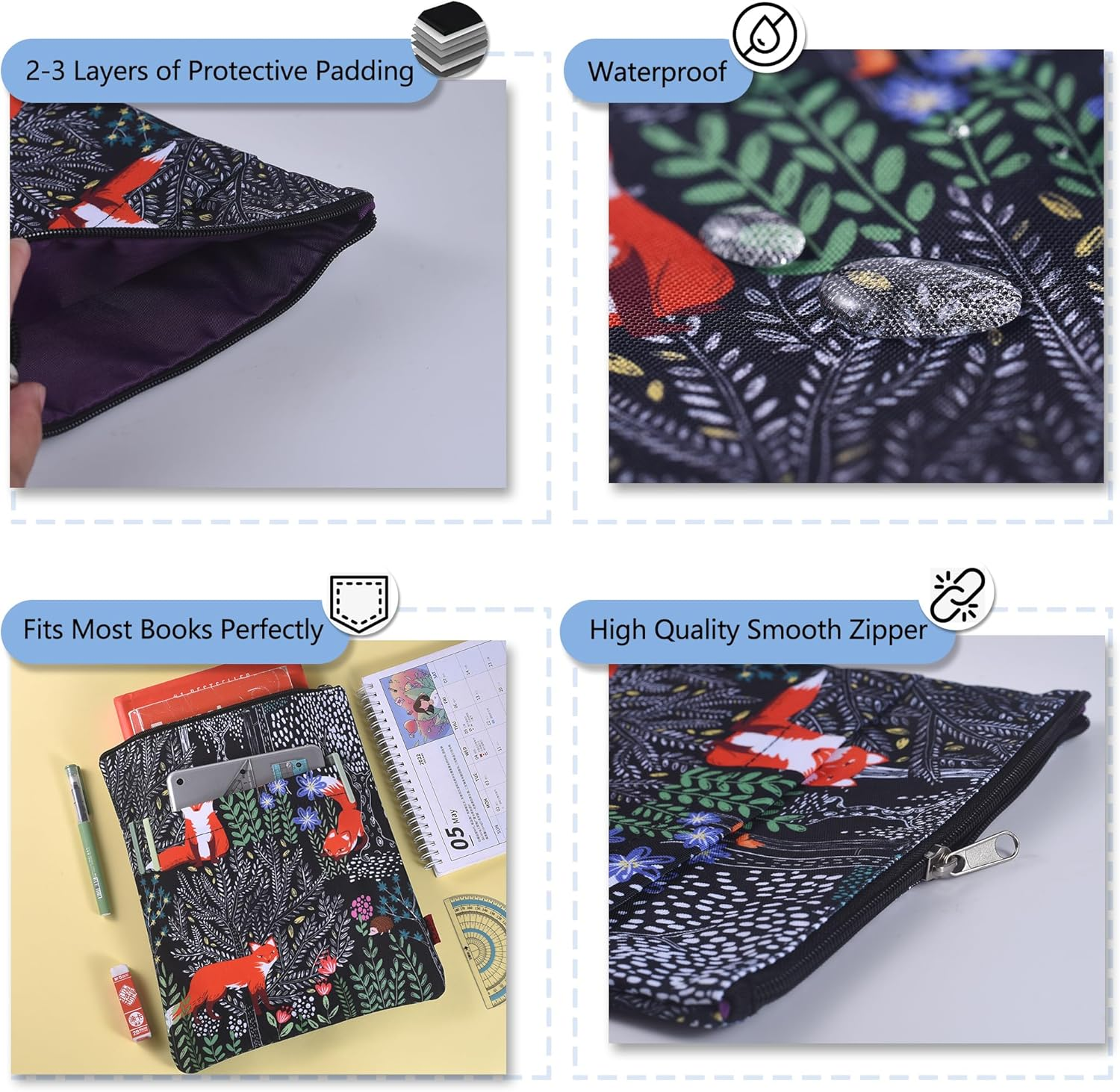 Fox Forest Book Sleeve,Book Protector Book Covers for Paperbacks, Book Sleeves with Zipper, 11 X 8.5 Inch, Fox Gifts for Girls image number 5