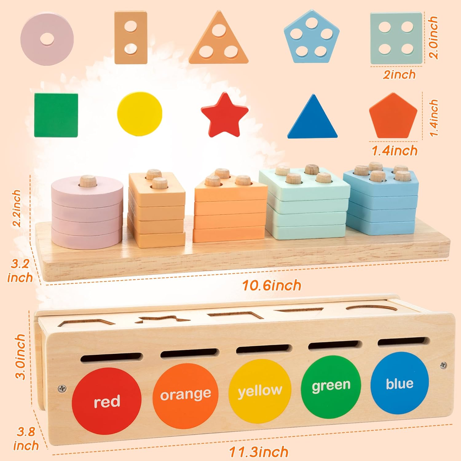 Montessori Toys for 1 2 3 Years Old,Color & Shape Sorting Matching Toy for 1 Year Old Boys and Girls Wooden Sorting and Stacking Toys for Toddlers 1-3,Educational Toys for 2+ Year Old image number 1