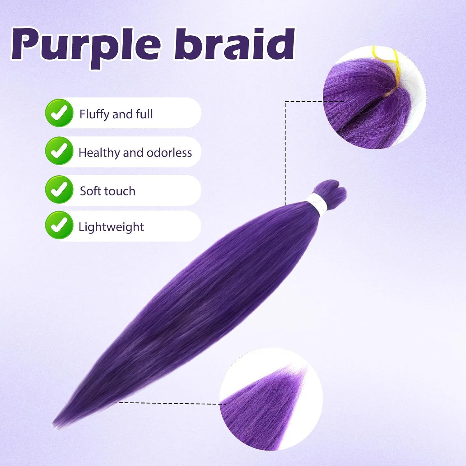 2Pcs Purple Hair Extensions, 26-Inch Pre-Stretched Purple Braids, Role-Play Wigs and Halloween Costume Accessories, Suitable for Children and Adultsirls (A) image number 5