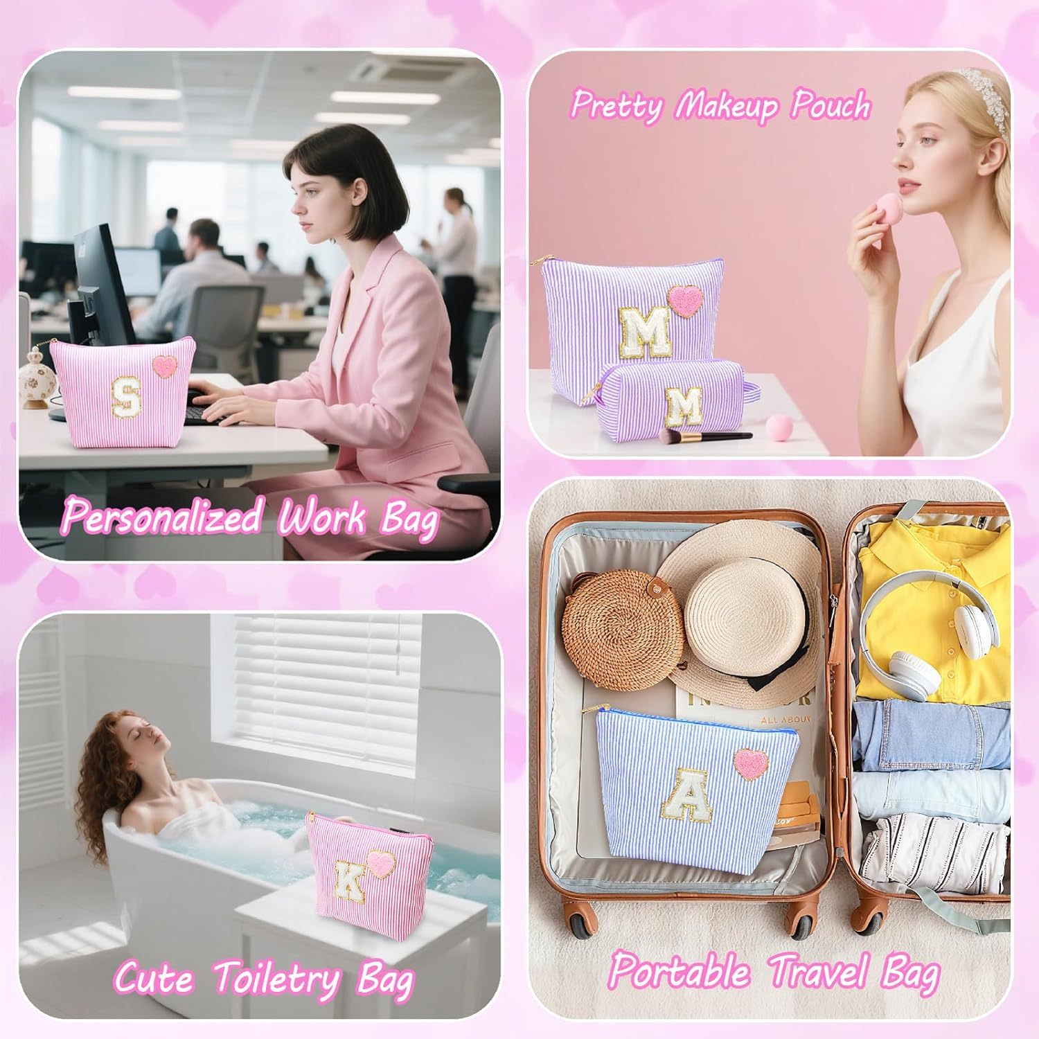 YILANCOL Initial Makeup Bag Personalized Preppy Cosmetic Bag Trendy Toiletry Travel Bag for Teen Girls Kids Women Letter Makeup Pouch Purse Holiday Gifts Birthday Christmas Gifts 2Pack, Pink