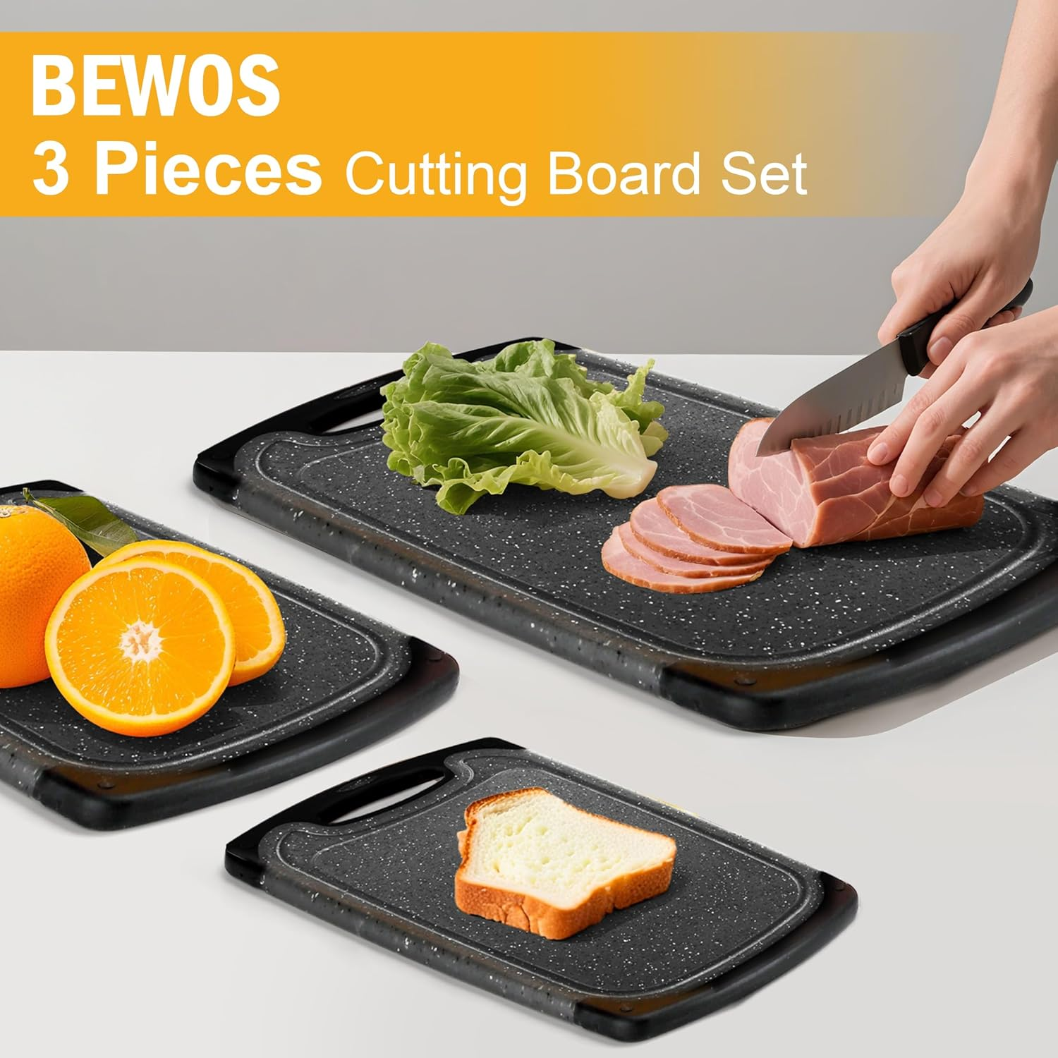 BEWOS 3 Piece Non-Slip Chopping Board Set (S/M/L) with Grinding Zone - Premium Cutting Boards Featuring Hangable Handles Secure, Deep Juice Groove & Multi-Surface Use for Home to Camping