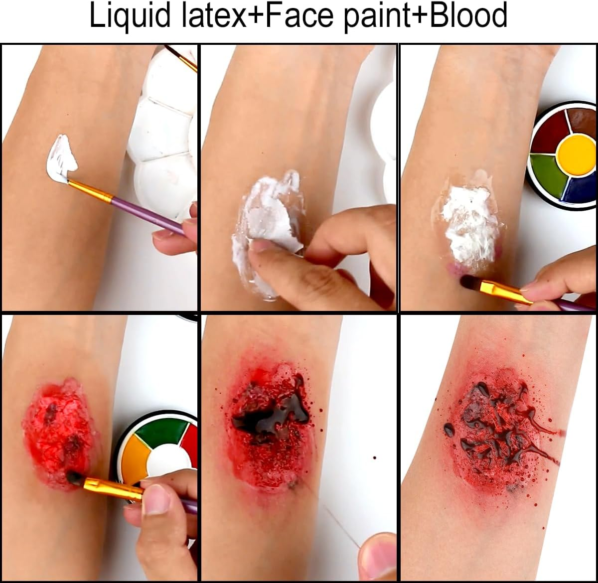 Bowitzki Halloween SFX Makeup Kit Special Effect Makeup,Liquid Latex+Scab Blood+Spray Blood+6 Colors Oil Based Face Paint+Sfx Bruise Wheel+Skin Wax+Stipple Sponges+Latex Free Sponges+Spatula+Brushes image number 4