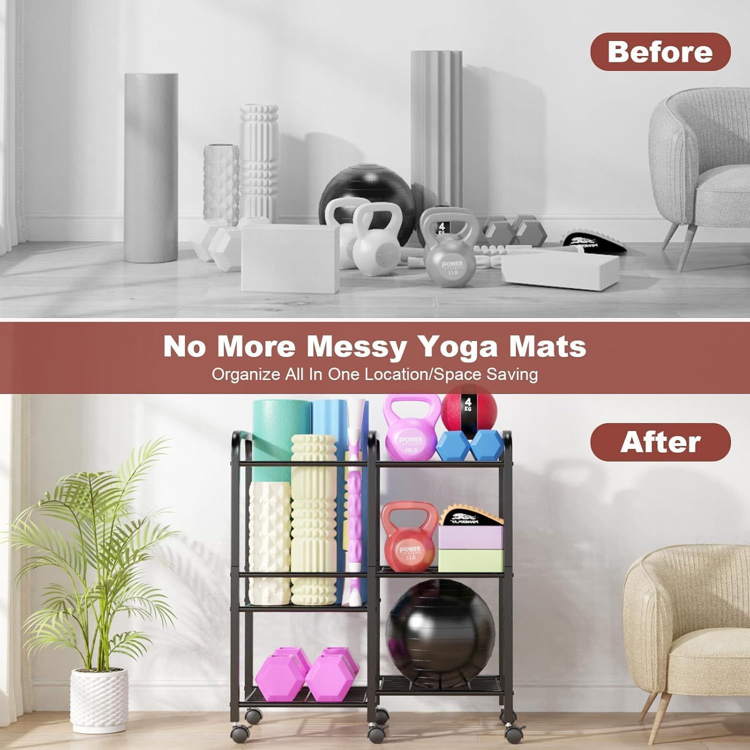 Yoga Mat Storage Rack Yoga Mat Holder Home Gym Equipment Workout Equipment Storage Organizer for Yoga Block,Foam Roller,Resistance Band,Dumbbell,Kettlebel image number 4