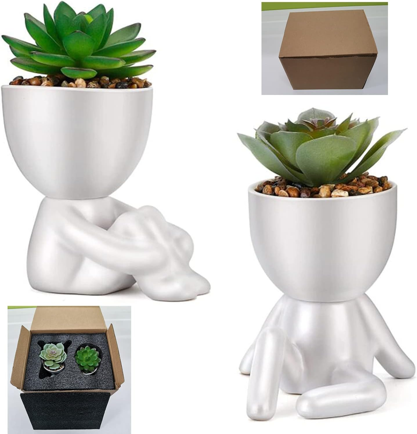 Paifeancodill Fake Plants Pot with Succulent Plants, 2 Pcs Fake Succulent with Black Human Shaped Ceramic Pots, Ceramic Flower Pot Planter (Black A)
