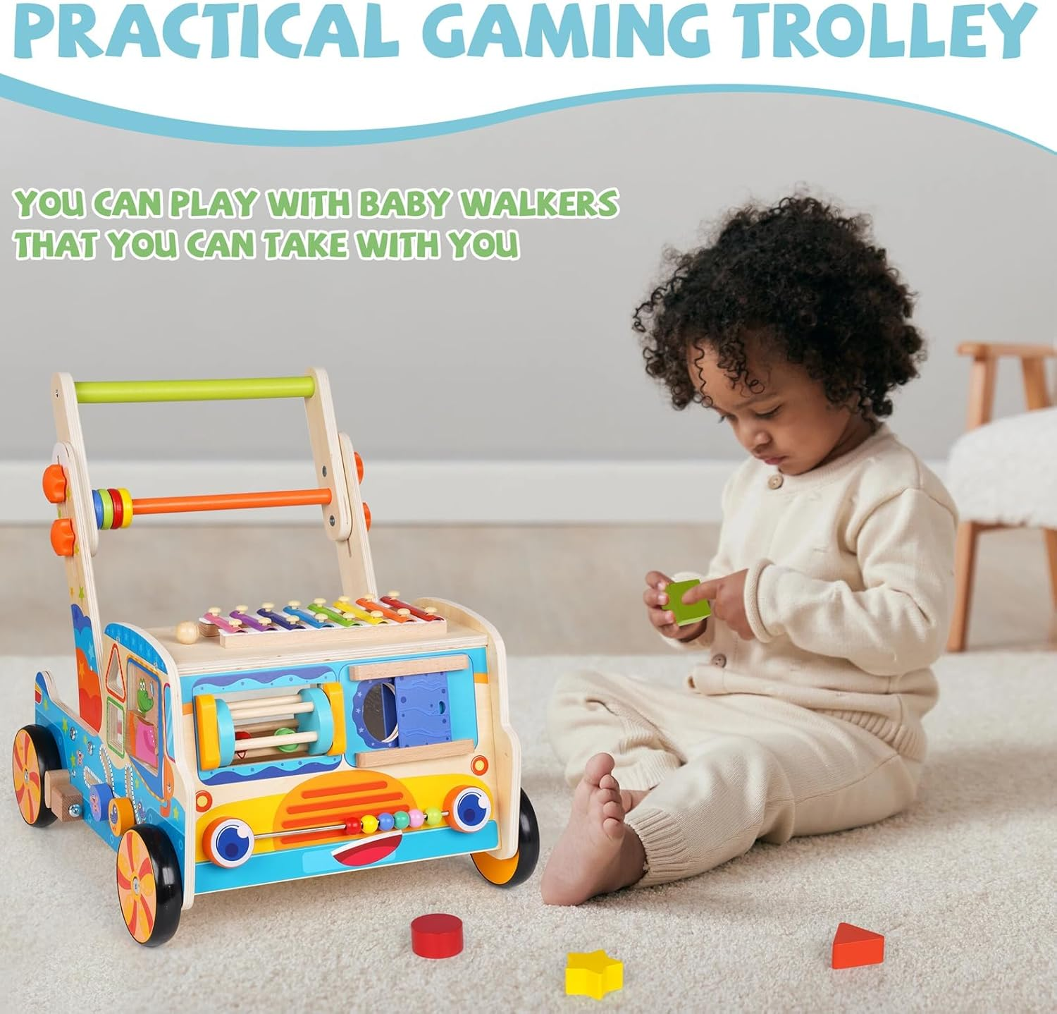 Wooden Baby Walker, 2025 Montessori Walker Toy with Shape Sorter,Push and Pull Learning Activity Walker with Wheels,Learning Walking Toys for Toddlers from Sitting to Standing image number 3