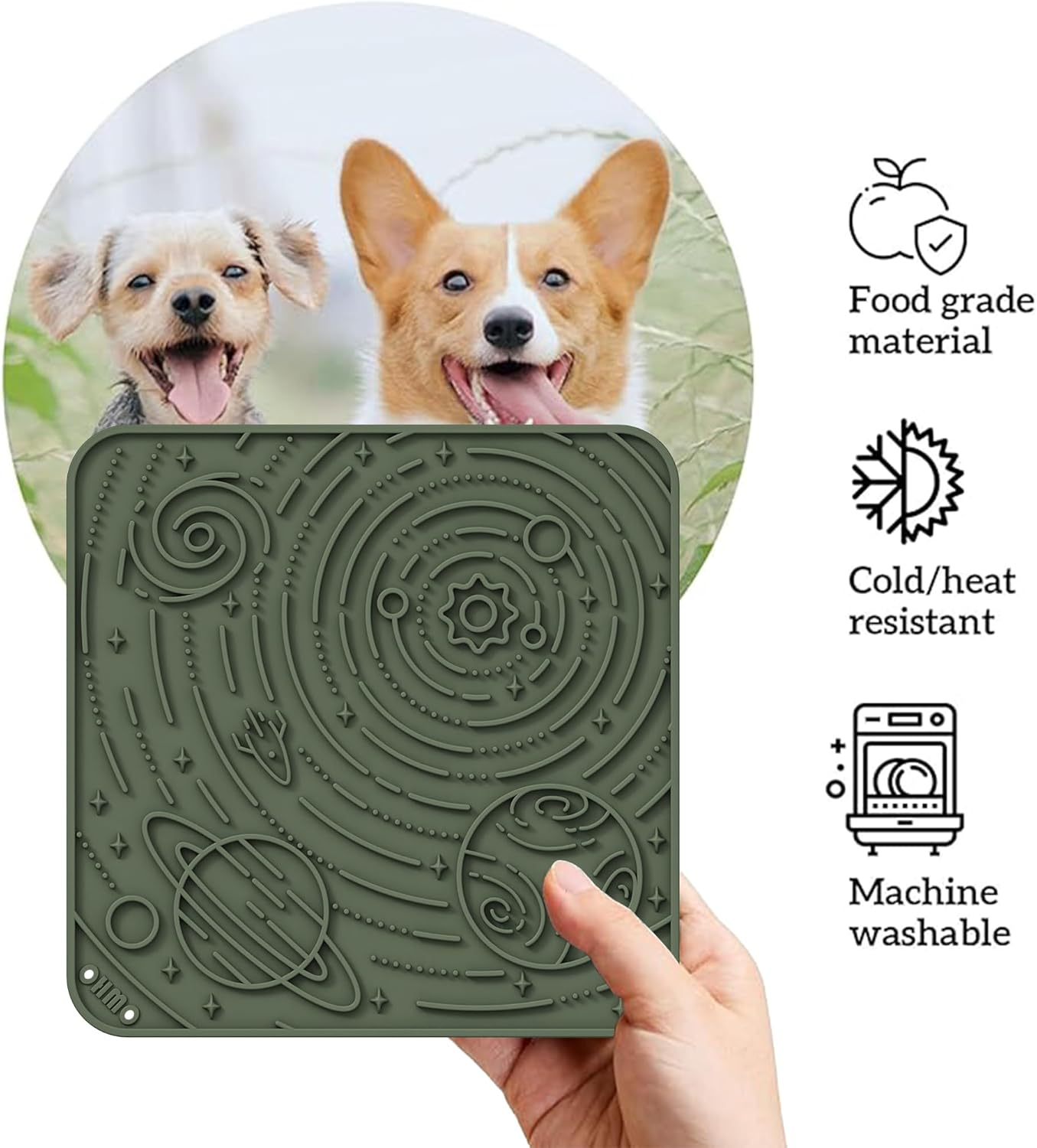 OHMO Lick Mat for Dogs and Cats(Small, Camo&Light Green, 2Pcs) Enrichment Accessories Toy Space Star Easy Clean Pet Slow Feeder/Suction Cups, Licking Pad for Anxiety Relief and Boredom Reduction image number 5