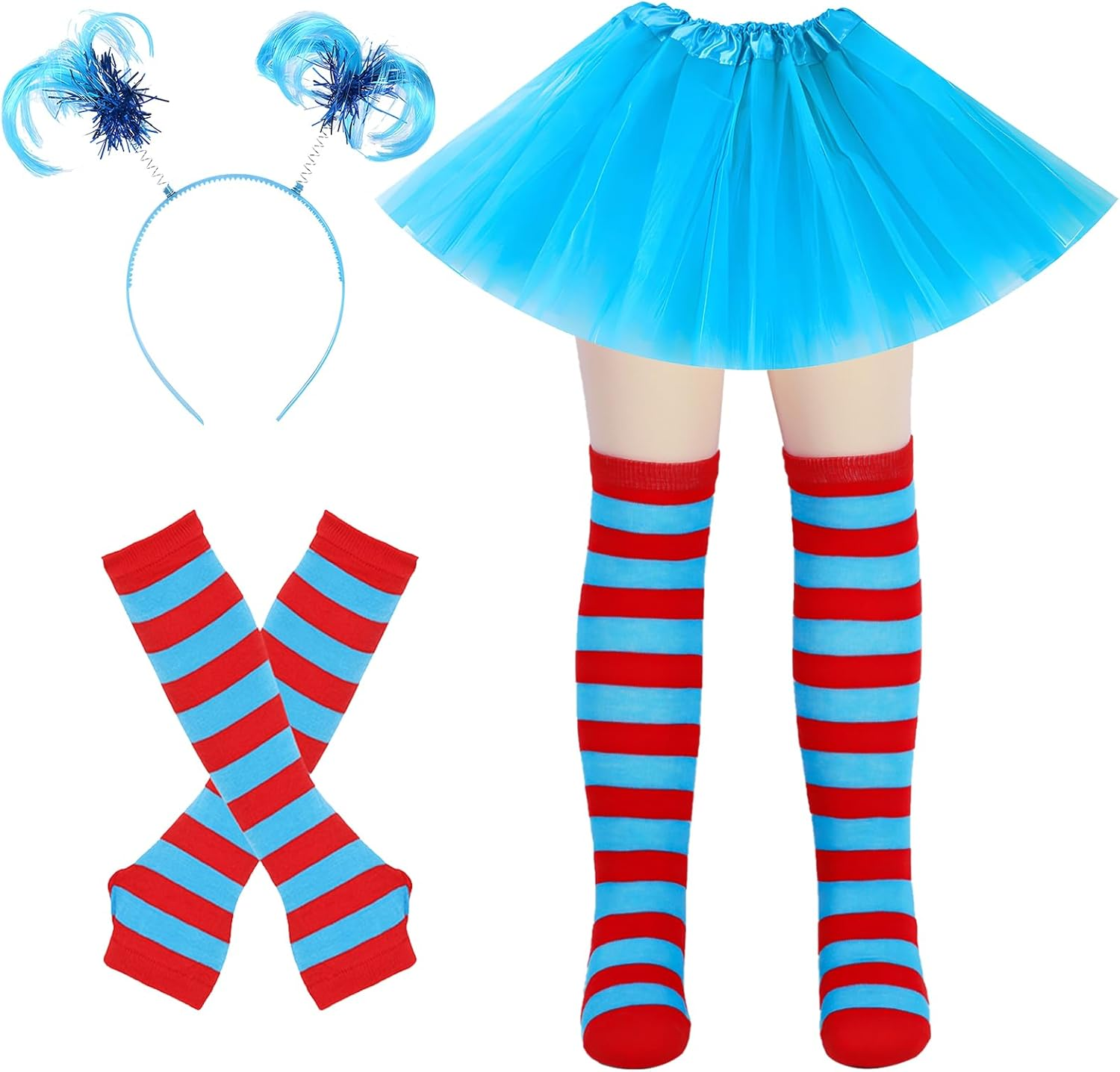 Fayrvind Red and Blue Costume Set for Woman Include Blue Tutu Skirt Striped Socks Stretchy Gloves Ponytails Headband Halloween Costumes Outfits Accessories Book Week Costume