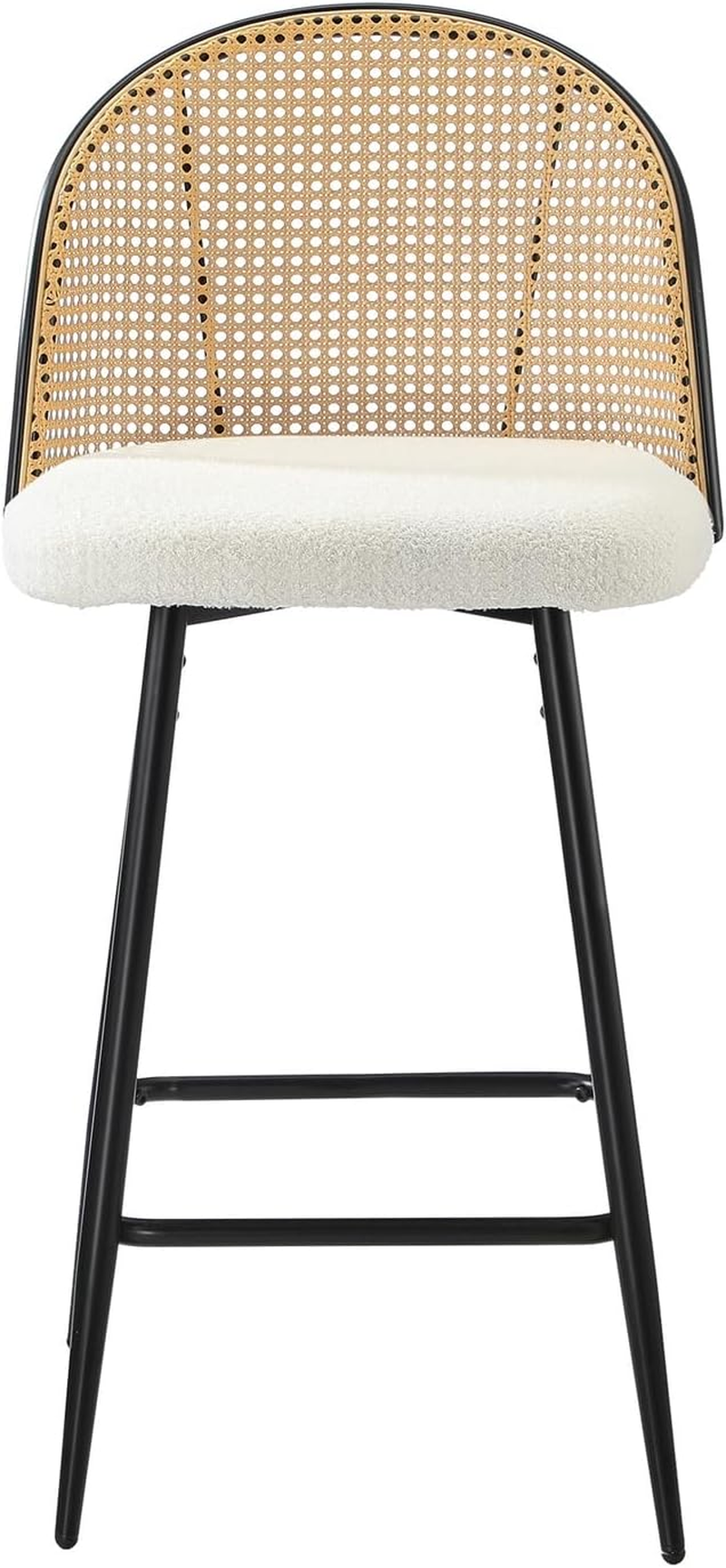 Oikiture Bar Stools Set of 2 Boucle Fabric Bar Stools with PU Rattan Backrest Counter Kitchen Chairs Dining Chair, White image number 6