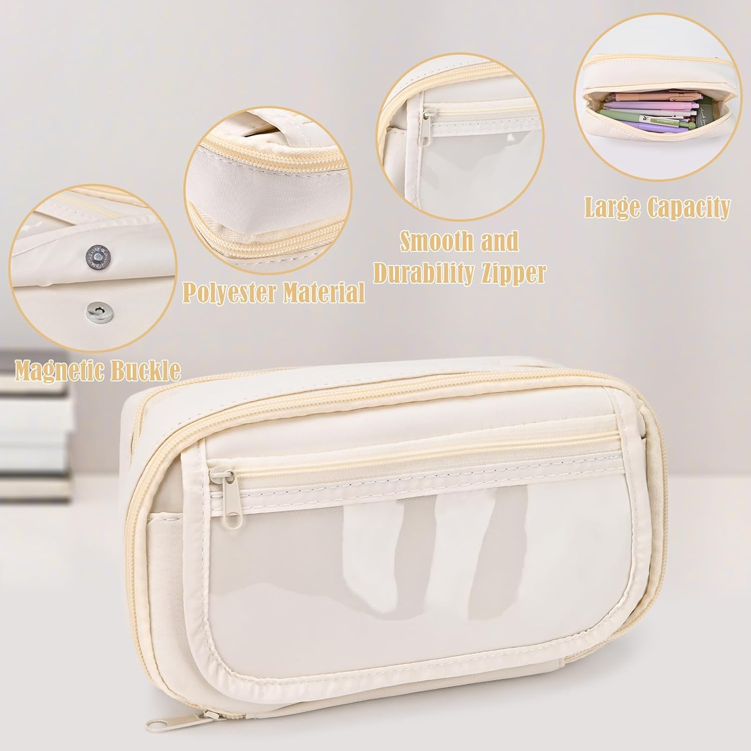 BAYTORY Large Capacity Pencil Case, Aesthetic Back to School Pencil Cases with 4 Compartments, Canvas Pencil Case for Makeup Bag and Stationery Organizer (Beige) image number 5