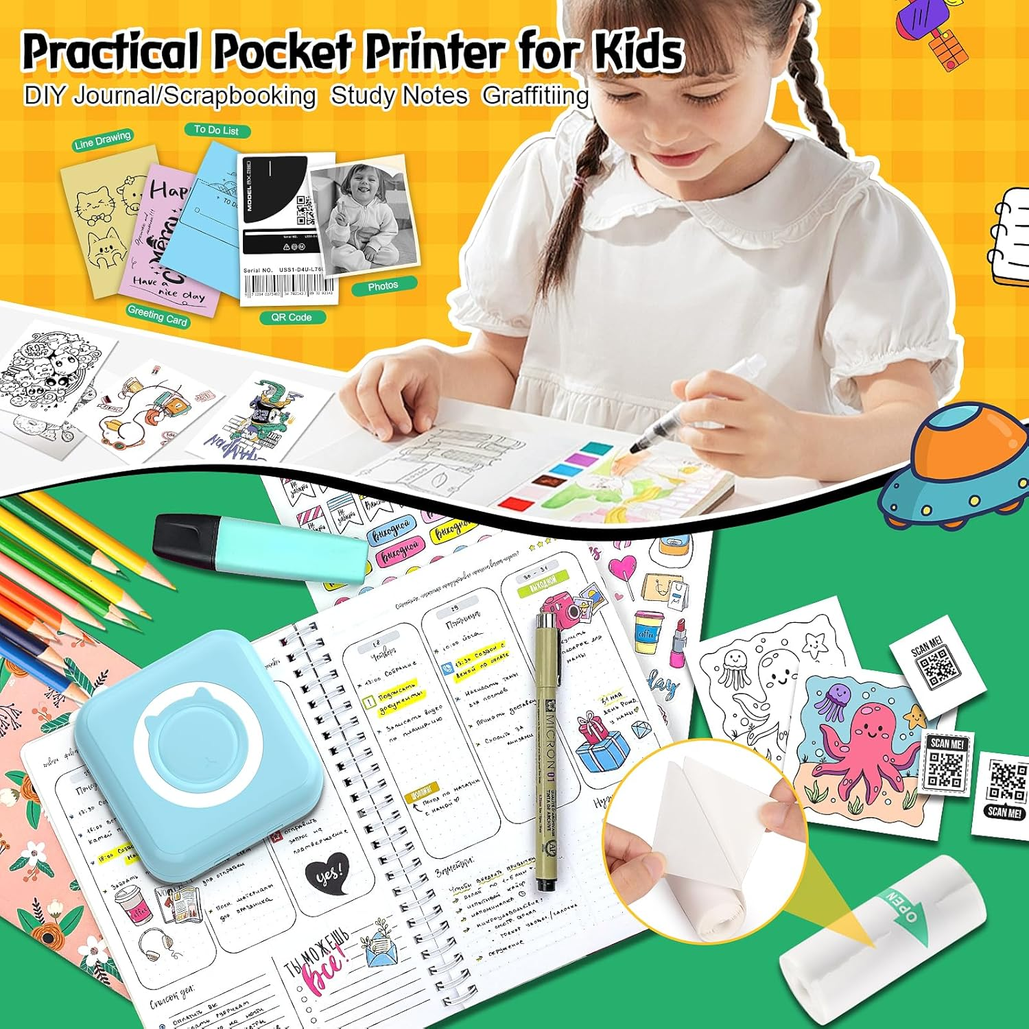 QYCHHJ Portable Pocket Printer for Iphone/Android/Tablet, Inkless Mini Thermal Printer with 8 Rolls Thermal Paper, Bluetooth Mini Sticker Printer for School Notes Scrapbook Supplies Memo Photo, Blue image number 4