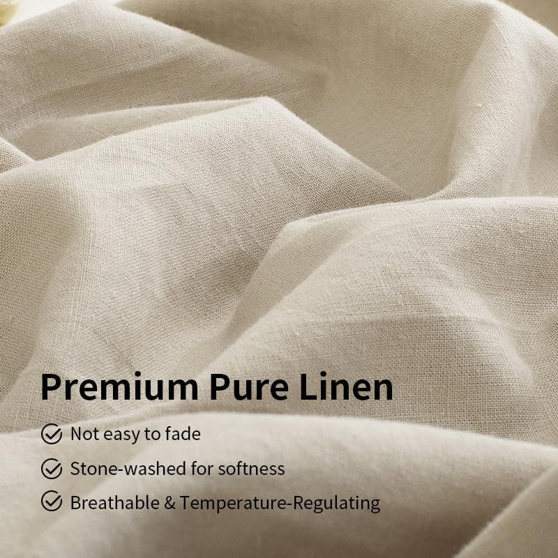 TUMEI 4 Pieces 100% Stonewashed French Linen Bedding Sheets Set, 16" Deep Pocket, 1 Fitted Sheet & 1 Flat Sheet & 2 Pillowcases, Solid Color, Soft & Comfortable (Natural Color, Queen Size) image number 2