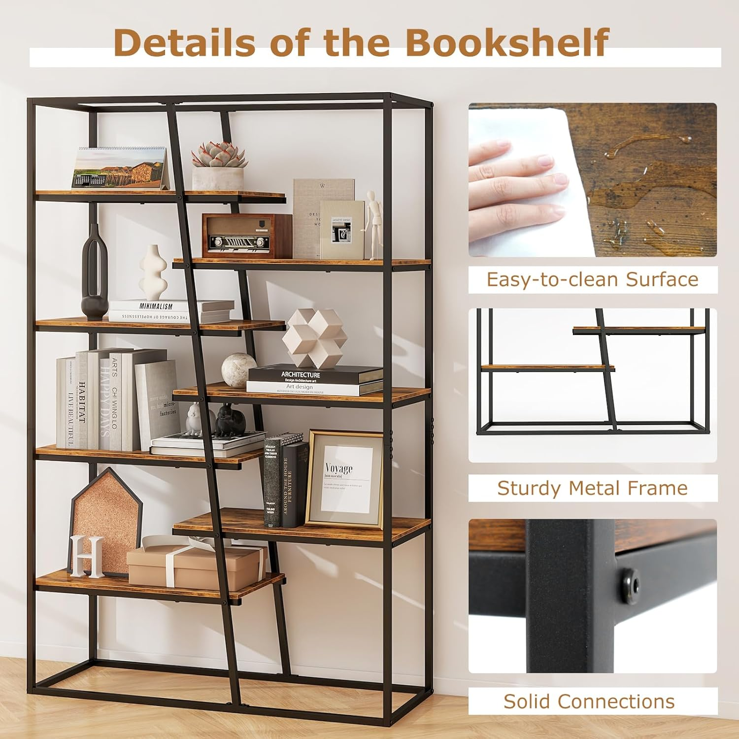 Giantex 180 Cm Tall Bookshelf, 7-Tier Industrial Etagere Bookcase with Heavy-Duty Metal Frame, Freestanding Double Wide Display Rack for Living Room Bedroom Home Office, Rustic Brown image number 3