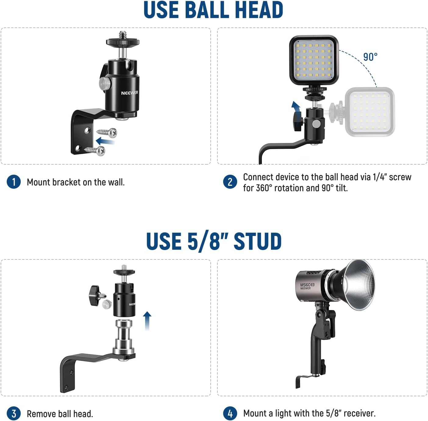 NEEWER 2 Pack E Type Wall Ceiling Mount, Ring Light Wall Mount Bracket with Detachable Ball Head, 5/8" Stud, 1/4" Screw for Flash Strobe Camera Monitor Studio Lighting, Max Load: 4.4Lb/2Kg, TS007 image number 6