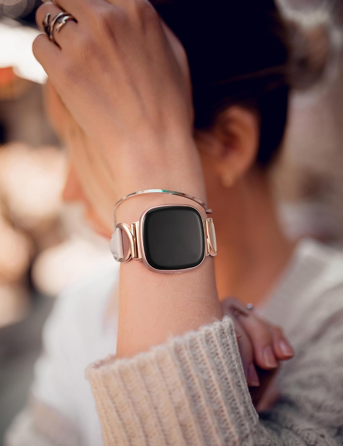 TOYOUTHS Compatible with Fitbit Versa 4/Versa 3/Sense 2/Sense Band for Women, Leather Strap Slim Dressy Bracelet with C-Shape Metal Buckle Replacement Accessories for Versa 4 image number 6