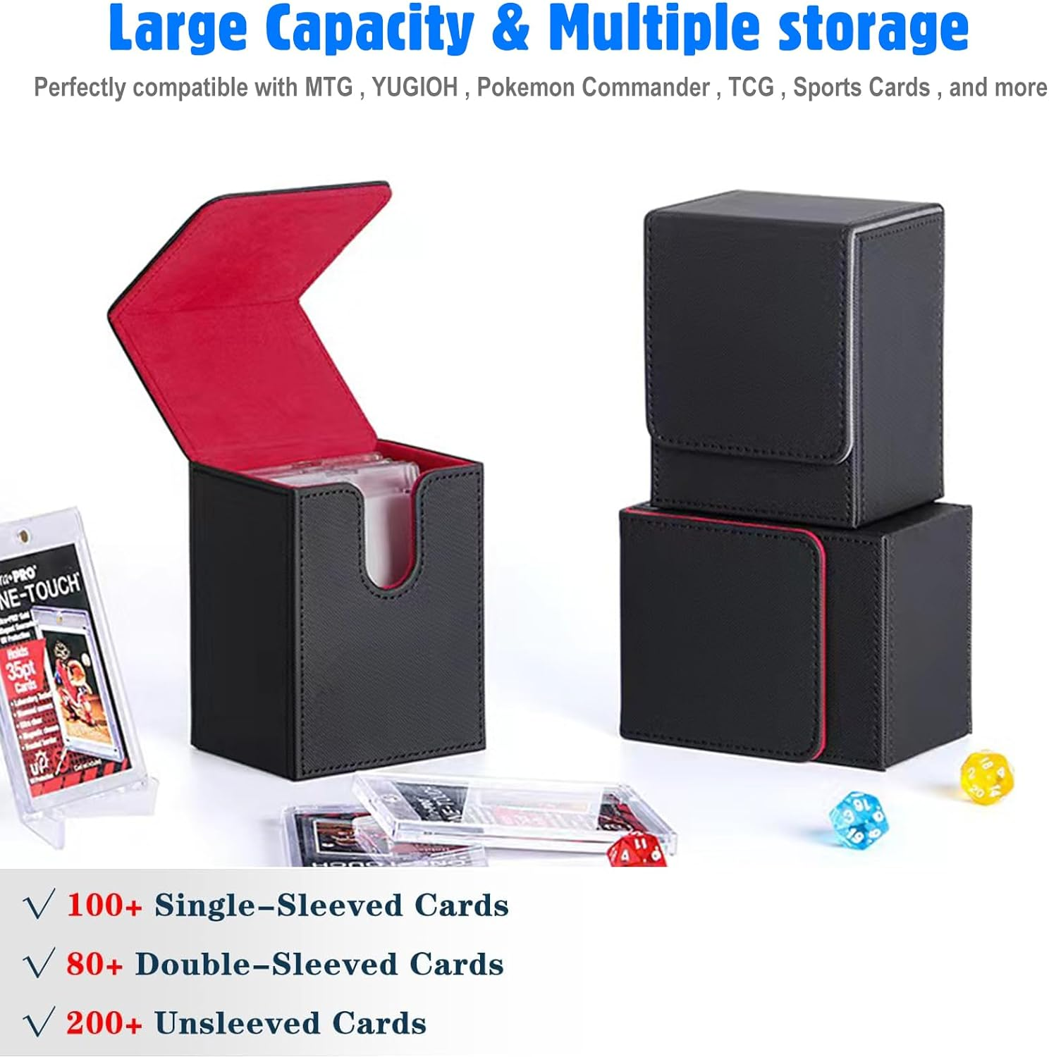 2PACK Card Deck Box for MTG Cards, POIUNA Card Storage Box Fits 160+ Single Sleeved Cards, PU Leather Strong Card Deck Case Holder Compatible with Magic Commander TCG CCG(2 Pack)