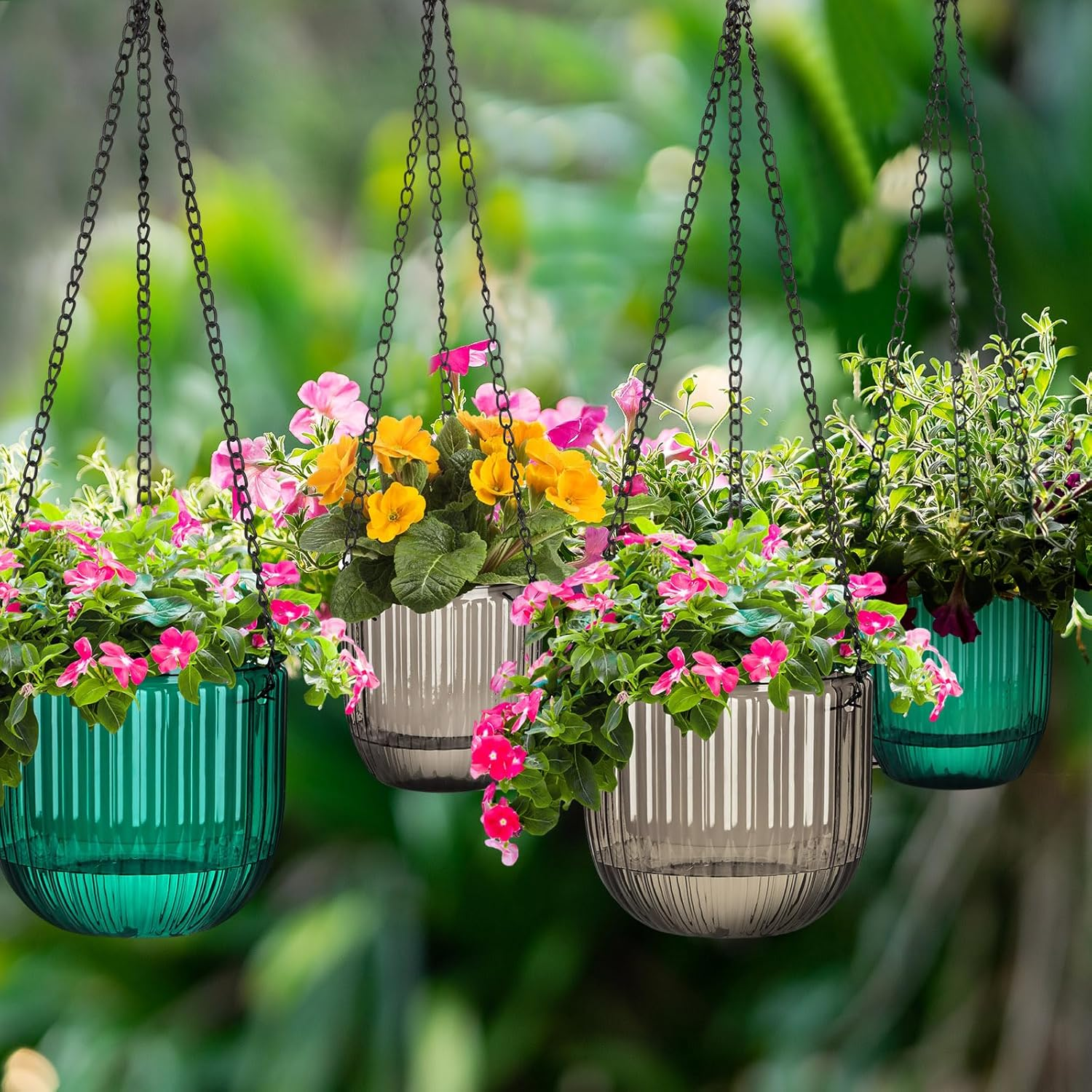 Maxcheck 4 Pcs Self Watering Hanging Planters Indoor Gift 6.5'' 4.5'' Hanging Flower Pots Baskets Outdoor Self Watering Plant with 3Hooks Drainage Holes for Home(Emerald,Grey) image number 6