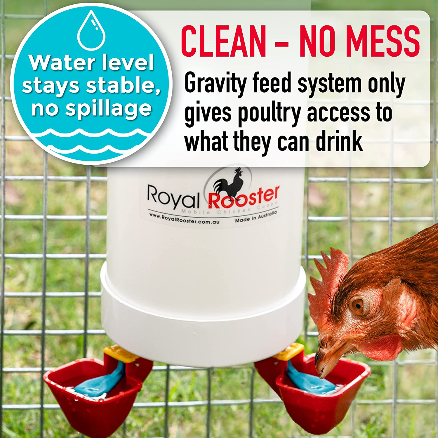 Royal Rooster 4 Litre Automatic Twin Chicken Waterer with 2 Gravity-Feed Valve-Operated Cups - Indoor and Outdoor Coop Hanging Chicken, Duck and Poultry Water Dispensing System with 2 Drinking Cups image number 4