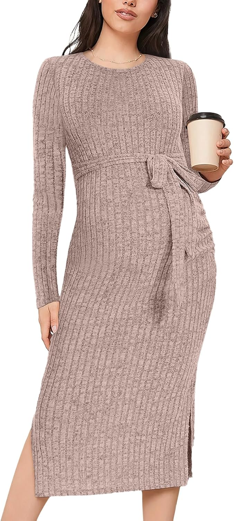 Guruixu Crewneck Maternity Sweater Dress Rib Knit Long Sleeve Photoshoot Baby Shower Dresses Slit Pregnancy Clothes with Belt