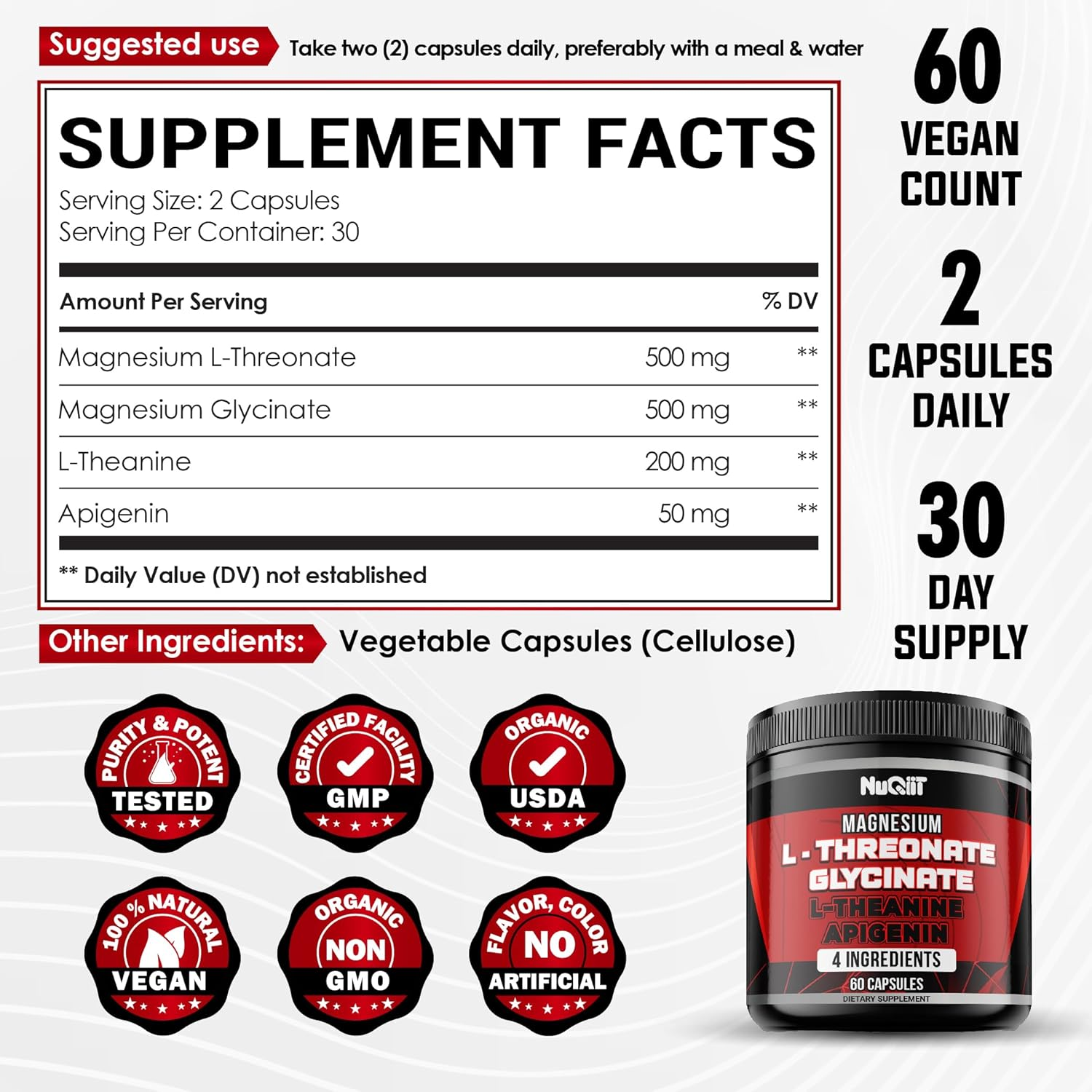 60 Capsules - Magnesium L-Threonate Capsules 500Mg Magnesium Glycinate 500Mg L-Theanine 200Mg & Apigenin 50Mg image number 2